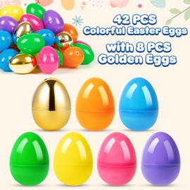50 Count 2.4" Plastic Easter Eggs, 44 Pcs Empty Suprise Eggs 6 Pcs Golden Eggs Bulk, Fillable Eggs with Hinge for Easter Hunt, Basket Stuffers Fillers, Easter Party Favor Decorations