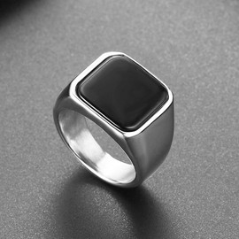 Joliernelle Classic Signet Ring for Men Solid Stainless Steel Band Ring Set with Black Onyx Size Y