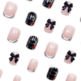 Short Square Press On Nails French Tip Fake Nails Bow Heart With Alligator Print Design Reusable Artificial Acrylic Nails Full Cover Nails Glossy Glue On Nails Stick On Nails For Women 24 Pcs