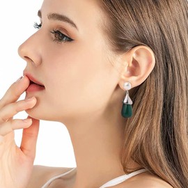 Frigotine Chunky Silver Emerald Waterdrop Natural Gemstone Drop Earrings for Women, Vintage Statement Teardrop Stone Pearl Earing Prom Jewelry Gifts