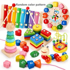 Wooden Montessori Play Set, 1 Set Colorful Tower & Octave Bell & Colorful Twister & Rotating Tree & Beaded Clock, Math Learning Blocks, Number Counting Blocks, Nursery, Anxiety Relief Products, Sensory Board, Blocks Tower Game:_Multicolor_7 in 1 Set