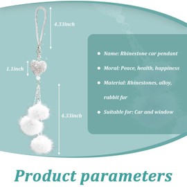 Piburth Bling Interior Accessories for Women Girls, Mirror Hanging Ornament, Love Heart & Plush Ball Decor Pendant, Car Hanging Decoration Charm (White)
