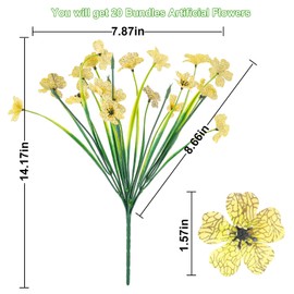 GOEJGSDJ 20 Bundles Artificial Flowers for Outdoor Indoor Garden Home Decoration,No Fade Fake Plastic Flowers Faux Plants for Decoration Hanging Planters(Yellow)