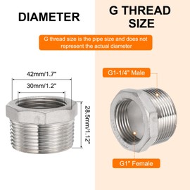 sourcing map 2 Pcs 304 Stainless Steel Reducer Hex Bushing G1-1/4 Male x G1 Female Threaded Reducing Pipe Adapter Fitting with PTFE Tape for Plumbing, Fuel Lines, and Pneumatic Systems