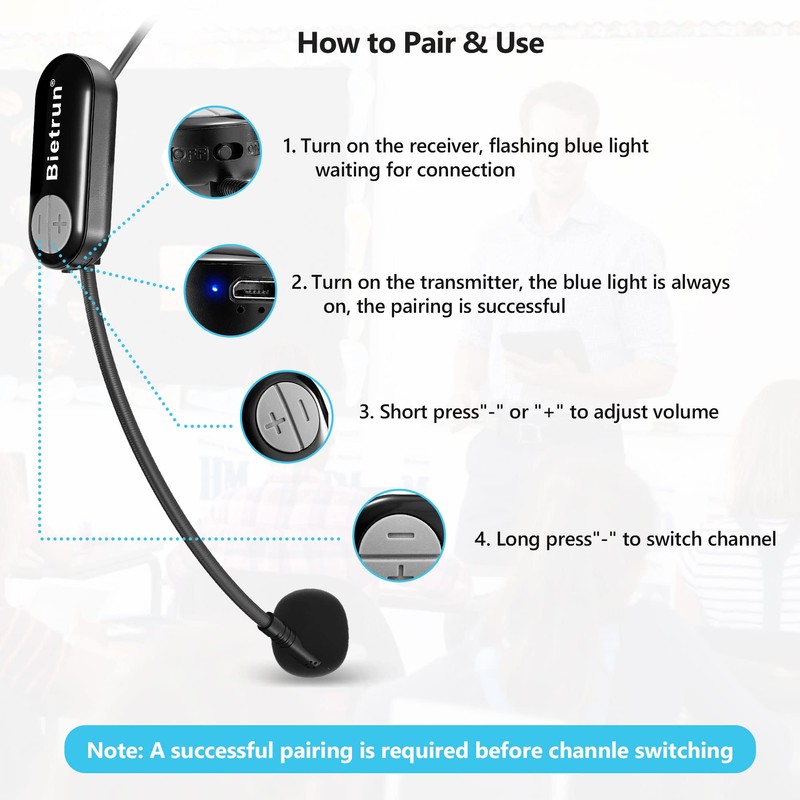 Bietrun Wireless Microphone Headset with 1/4''Plug, 165ft Range, UHF Wireless