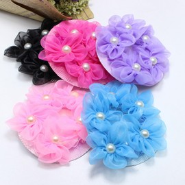 AsggBah 5pcs Hair Bun Cover Decorated With Solid Colored Flowers Pearls Medium Sized Hair Snood Hairball Net for Dancer Girls (Red/Pink/Black/Blue/Purple)