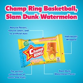 Champ Ring Basketball, Slam Dunk Watermelon - Sweet Watermelon Flavored Candy Rings - Individually Wrapped - No Artificial Colors or Dyes - Perfect for Parties, Events & Snacks - Bulk Pack of 50