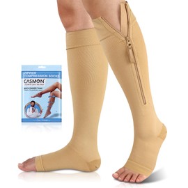 CASMON 15-20mmHg Zipper Compression Socks for Women and Men, Knee High Compression Stockings, Medical Open Toe Support Socks for Varicose Veins, Post-surgery, Swelling, Nurses, Pregnancy (1 Pair)