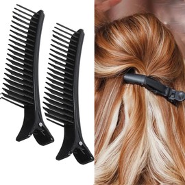 2 Pcs Hair Sectioning Clips,Sectioning Hair Clips, Hairdressing Clips with Nonslip Grip and Comb Hair Styling Accessories for Salon Home Hair Cutting Coloring (Black)