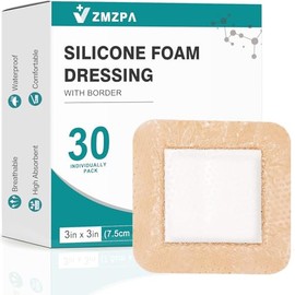 Silicone Foam Dressing 3x3 Gentle Border, Super Absorbent Wound Dressing, Bed Sore Patches, Waterproof Silicone Bandages for Wounds Care, Self Adhesive Pressure Sore Pads (30)