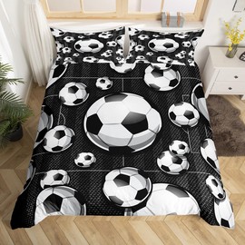 Castle Fairy Kids Soccer Duvet Cover Set Twin Size,2 Pieces Breathable Black White Football Bedding Sets(1 Duvet Cover+1 Pillowcase),Children Geometric Printed Comforter Cover Set for Teens Boys