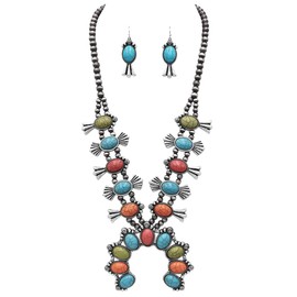 Rosemarie & Jubalee Women's Statement Western Howlite Squash Blossom Necklace Earrings Set, 27"-30" with 3" Extension