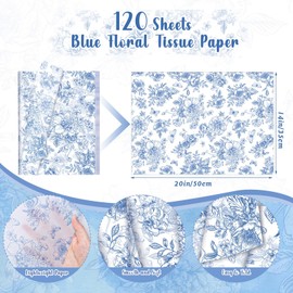 120 Sheets Blue Floral Tissue Paper Vintage Blue Tissue Paper Bulk for Gift Bags Flowers Packaging Baby Shower Wedding Birthday Party Decor, 14 x 20 Inch