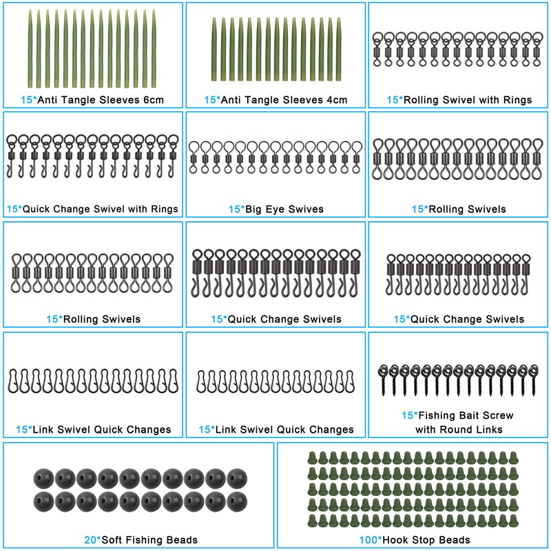 300pcs Carp Fishing Swivel Snaps Kit Mixed Various Matte Black
