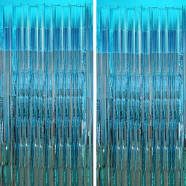 Streamers Party Decorations:Blue Tinsel Foil Fringe Curtains-3.25x6.5 FT Metallic Holiday Photo Booth Backdrop for Parties,Door Streamers,Glitter Streamer Fringe Backdrop for Birthday Decoration 2 PCS