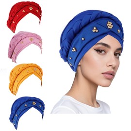 Scott Edward Gorro de turbante para mujer, diseño de perlas, trenzado, con abalorio de hiyab, para la cabeza, bandana 4 Piezas
