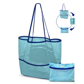 Mesh Beach Tote Bag Packable,2025 New 2-in-1 Large Lightweight Foldable Beach Bags with Multiple Pockets for Women, Blue, One Size