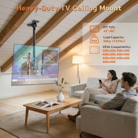 Ceiling TV Mount for 43-86 Inch, Hanging TV Mount Supports up to 132lbs, Hanging Adjustable Ceiling Bracket Fits Most LCD LED OLED 4K TVs, Max VESA 600x400mm, Black