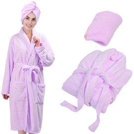 TOCOHO Women Microfiber Coral Fleece Full- Length Bathrobe with Hair Towel Wrap, Soft, Absorbent and Warm (Standard, Lavender)