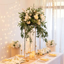 Sziqiqi Floor Vase Tables Centerpieces for Reception - 2 Pcs Metal Column Geometric Flower Stand 31.5in Gold Tall Flower Display Rack Decorations for T-Stage Wedding Party Event