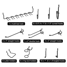 sourcing map 57pcs Pegboard Shelving Hooks Assortment Set 1.8/1.8/2/2.2/2.9/2.7/4.8/8.2/9" Metal Peg Board Wall Mount Organize Tools for Workbench Garage Kitchen Store, Black