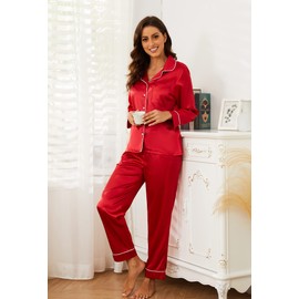 U2SKIIN Women Silk Pajamas Set, Long Sleeve Satin Pajamas for Women Sleepwear Button Down Pjs Set Two-piece(Red, S)
