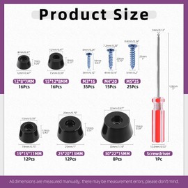 Swpeet 140Pcs Five Sizes 0.47''×0.28'' 0.59''×0.31'' 0.75''×0.43'' 1''×0.51'' 1.18''×0.59'' (W×H) Black Round Rubber Pads Assortment Kit with M3 M4 M5 Screws and Screwdriver Rubber Pads for Furniture