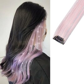 2 x Clip-In Hair Extension Highlights Streaks, Colourful Hair Highlights (Sparkle Light Pink)