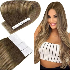 Easyouth Remy Real Hair Tape-In Extensions Balayage Mix of Medium Brown and Honey Blonde, Ombre Brown, 18 inches, 50 g, 20 Pieces