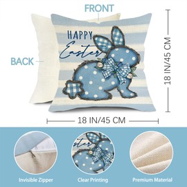 Fjfz Happy Easter Blue Bunny Cross Christian Decorative Throw Pillow Covers 18 x 18 Set of 4, Religious He is Risen Rabbit Porch Outdoor Home Decor, Spring Easter Egg Lily Flower Couch Cushion Case