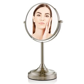 Ovente 7'' Tabletop Makeup Mirror with Stand, 1X & 7X Magnification, Adjustable Double Sided Round Magnifier, Ideal for Dresser, Vanity, Office Station & Bathroom, Nickel Brushed MNLCT70BR1X7X
