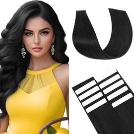 Benehair Tape-In Real Hair Extensions, Invisible Tape Extensions, Real Hair, 40 cm, Remy Natural Tapes, 10 Pieces, 15 g, Dark Black #1
