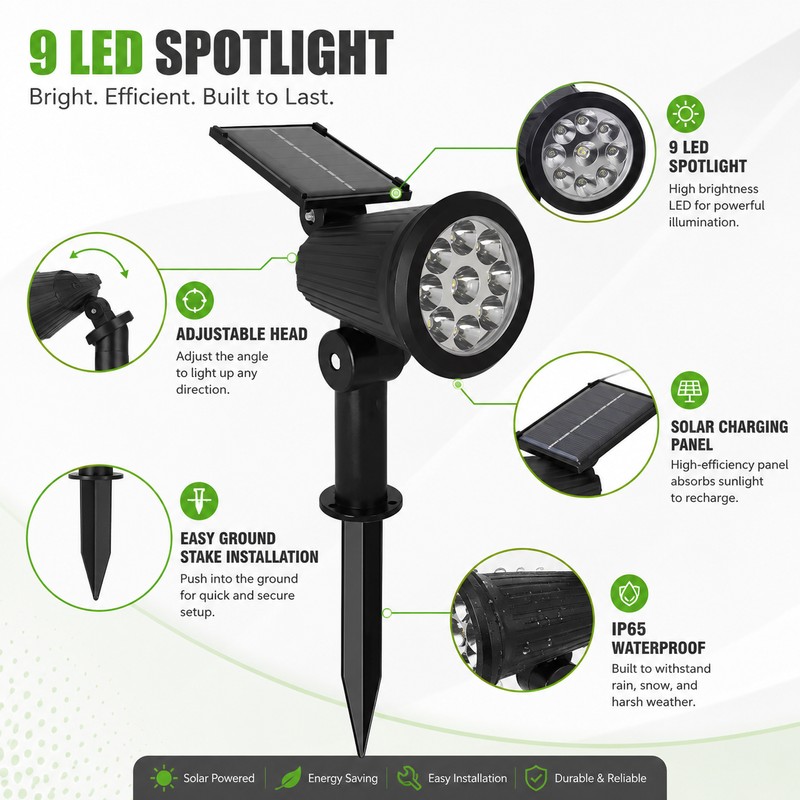 9-LED RGB Solar Spot Lights for Outdoor Landscaping – IP65