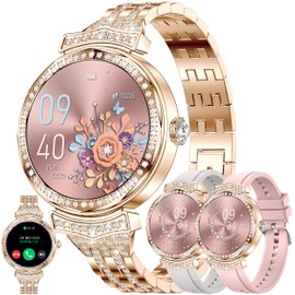 ZPIMY 1.32" AMOLED Smart Watch for Women(Make/Answer Call), 2024 New 5ATM Waterproof Womens Smartwatches, Fitness Tracker Smartwatch for Android iPhones, Digital Watches Step Counter, 3 Straps (Gold)