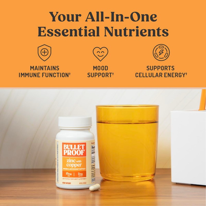 Bulletproof Zinc with Copper Capsules, 60 Count, Minerals and Antioxidant