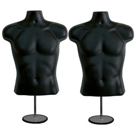 DisplayTown Male Mannequin Torso with Metal Stand Hollow Back Body Stackable Dress Form for Tshirt Display, Countertop, Craft Shows, Photos and Design, S-M Clothing Size (Black, Set of 2)