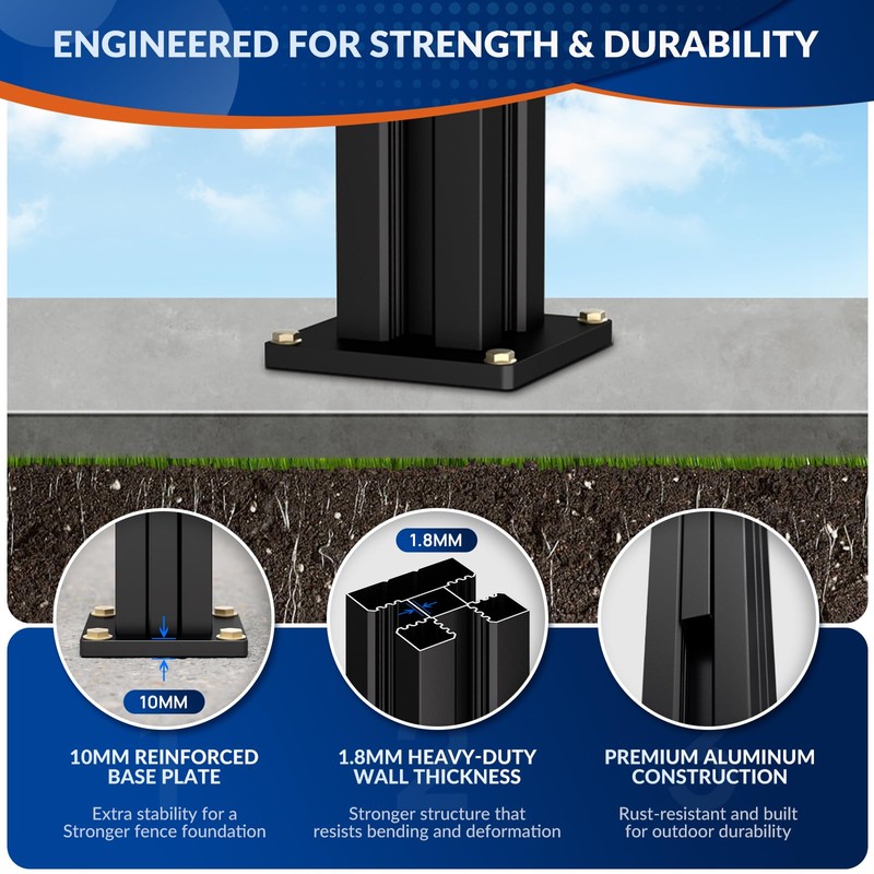 1 Pack 6FT 3-Way Aluminum Fence Post, 1.8mm Thick Walls