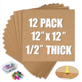 AKTOP Cork Board Bulletin Board 12x12, 1/2" Thick Cork Board Tiles 12 Pack, Small Square Pin Board for Wall, Self Adhesive Corkboards with 120 Push Pin Wood Clips for School, Home & Office