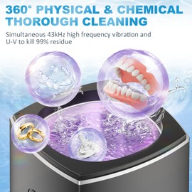 Ultrasonic Retainer Cleaner for Dentures - Sonic Denture Cleaner Machine for Mouth Guard Retainer Washer Sliver Jewelry Ring Brace Toothbrush Head Jewelry 43kHz Dental Tools Black