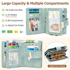 WACCET Women's Small Purse RFID Blocking PU Leather Large Capacity Purse Women's with 14 Card Slots and Zip Coin Compartment Small Purse Women, light green, Retro