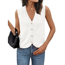 LILLUSORY Womens Fall Fashion Sweaters Vest Tops Knit Sleeveless Button Down V Neck Casual Clothes Trendy Outfits 2025 White L