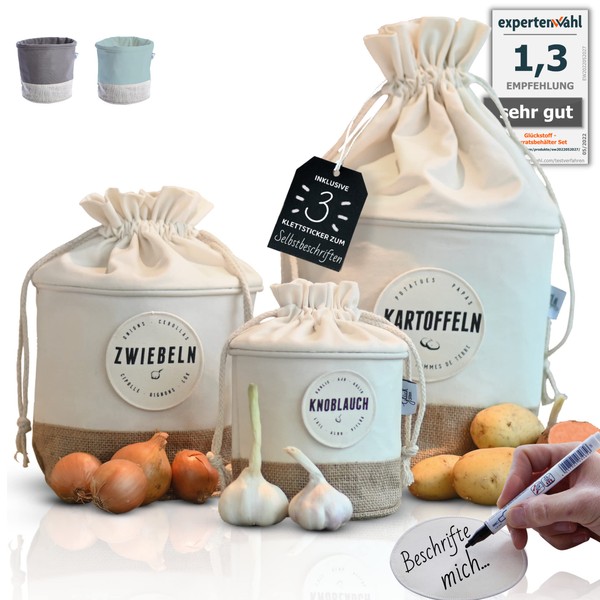 Glückstoff® Sustainable Potato Storage Box [Inscribable Set of 3] Garlic Onion Pot Kitchen Aid Fabric Storage Container Bathroom Kitchen Decor | Retro Linen Bag | Storage (Light)