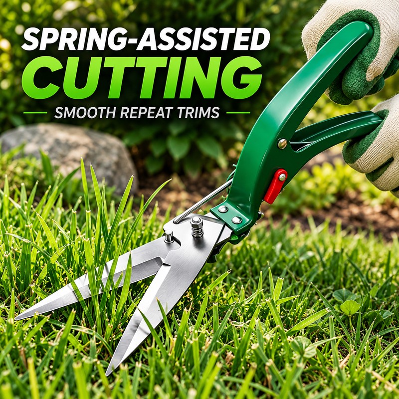 Stainless Steel Spring-Loaded Grass Shears, Long-Length Bypass Lawn Cutter for