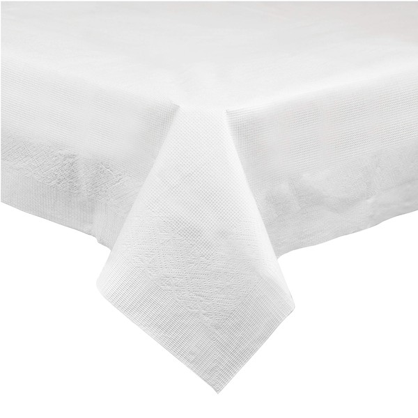 PLASTICPRO Disposable 3 Ply Paper & Plastic Tablecloth Absorbent, Waterproof, White Table Cover for Rectangle Tables fits 6-8 Foot Tables Size: 54'' X 108'' Pack of 10