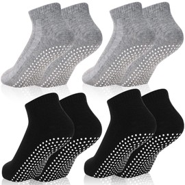 Jspupifip 4 Pairs Unisex Non Slip Yoga Socks Pilates Socks with Grips Women Men Cotton Grippy Socks for Barre Hospital Home, Gray, Black