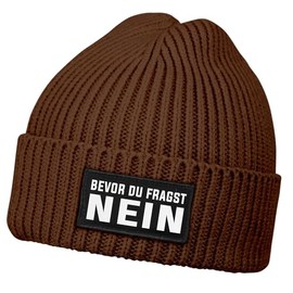 MoonWorks® Men's Beanie with Patch Knitted Hat with Saying "Bevor du Fragst - No" Print Funny Hat Men, brown, Unit size