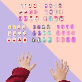 SIUSIO 120 Pcs 5 Pack Children Acrylic Fake Nails Press on Pre-glue Full Cover Glitter Gradient Color Rainbow Short Kids Stick On False Nail Art Kits Set for Kids Little Girls - Cutie Unicorn Theme