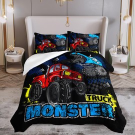 QOOMO Truck Comforter Set for Kids Teens Boys,Cars Kids Comforter,1 Comforter with 2 Pillowcase, Microfiber 3 Piece Bedding Set,Soft and Lightweight(Black，Full Size)