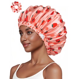 Vettres Silk Hair Bonnet for Sleeping with Scrunchie Adjustable Sleep Bonnets Double Layer Satin Sleep Cap for Curly Hair Strawberries