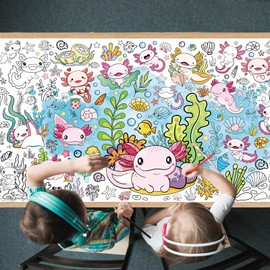 TAKEALOOKO Axolotl Giant Kids Coloring Poster - 35.5 x 72 inches Pink Cute Salamander Tablecloth Coloring Activity for Kids Birthday Party Games, Large Undersea World Poster for Classroom Party Decor
